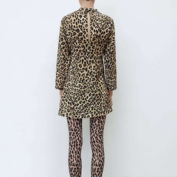 New ZARA S Small Mock Neck Animal Leopard Print Mini Short Dress - Picture 8 of 16
